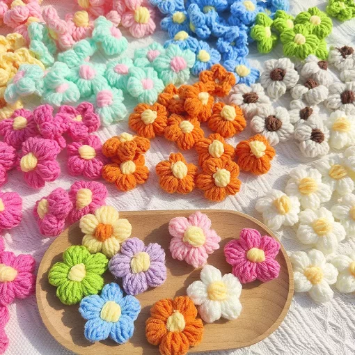 10Pcs Knitted Flowers Applique For Clothing Hat Hair Clip Hand knitted Puff Flower DIY Handmade Patches