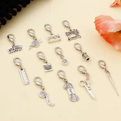 12PCs set Ancient Silver Knitted Sewing Tool Pendant Knitting Stitch Markers Crochet Lock Row Counter Needlework 3