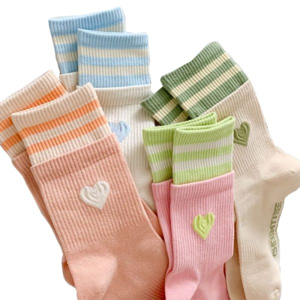 2 Pair Woman Long Socks Stripe Love Heart Fashion Winter Cycling Cotton Socks Cute Korean Style