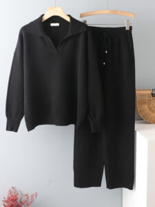 2 Pieces Set Women oversize Tracksuit polo collar Sweater Pullover straight pants Sweater Set CHIC Knitted 1.jpg 640x640 1