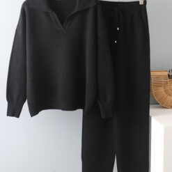 2 Pieces Set Women oversize Tracksuit polo collar Sweater Pullover straight pants Sweater Set CHIC Knitted 1.jpg 640x640 1