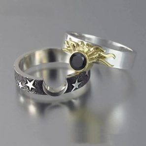 Pieces of Classic Retro Sun and Moon Shape Rings for Couple Fashion Obsidian Ring Men