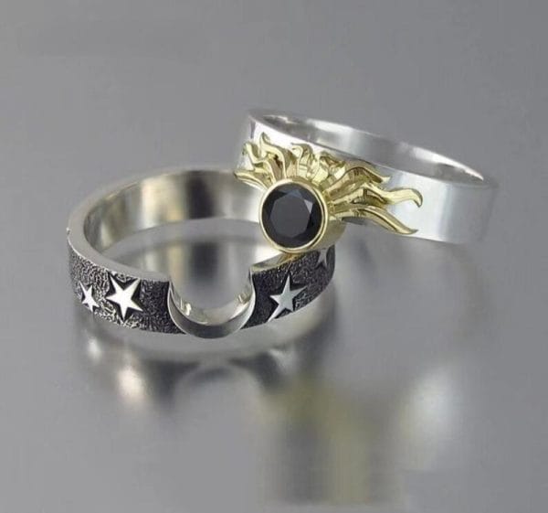 Pieces of Classic Retro Sun and Moon Shape Rings for Couple Fashion Obsidian Ring Men