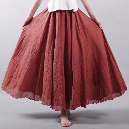 2020 Women Linen Cotton Long Skirts Elastic Waist Pleated Maxi Skirts Beach Boho Vintage Summer Skirts 4