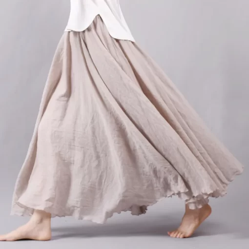 2020 Women Linen Cotton Long Skirts Elastic Waist Pleated Maxi Skirts Beach Boho Vintage Summer Skirts