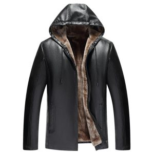 2021 New Autumn Winter Mens Leather Jacket Hooded Plus Velvet Thick Warm Leather Jacket Men Social