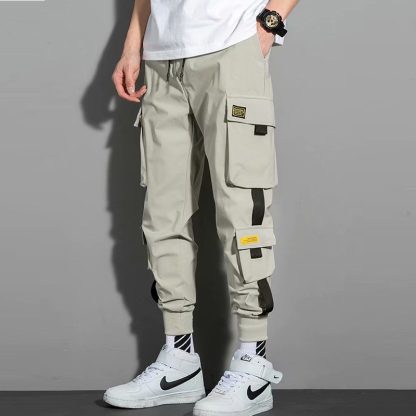 2021 Ribbons Black Men s Cargo Pants Side Pockets Casual Streetwear Pant Male Hip Hop Male 4