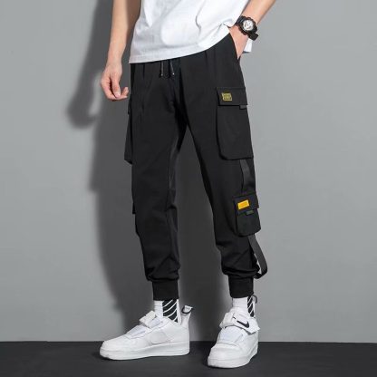 2021 Ribbons Black Men s Cargo Pants Side Pockets Casual Streetwear Pant Male Hip Hop Male