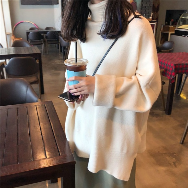 2021 Turtleneck Collar Sweater Women Spring Autumn Solid Knitting Pullovers Oversize Basic Black Blue White Jumper 5