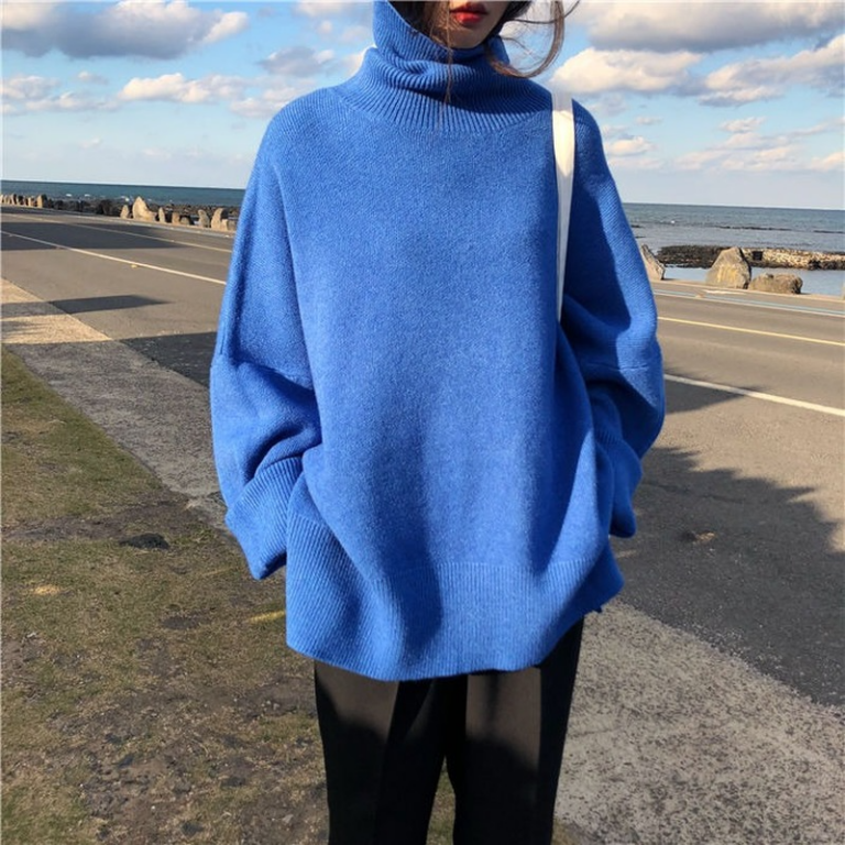 2021 Turtleneck Collar Sweater Women Spring Autumn Solid Knitting Pullovers Oversize Basic Black Blue White Jumper