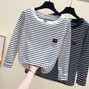 2021 Women Striped T Shirts Long Sleeve 95 Cotton Tops Casual Women Autumn T Shirts Tops