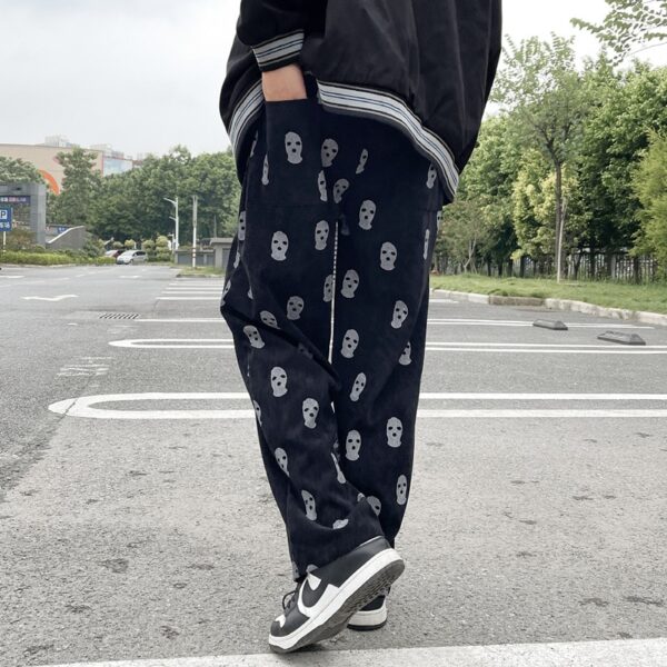 2021 Preppy Style Skull Full Print Drawstring Casual Corduroy Men Baggy Pants Hip Hop Straight Sweatpants 1