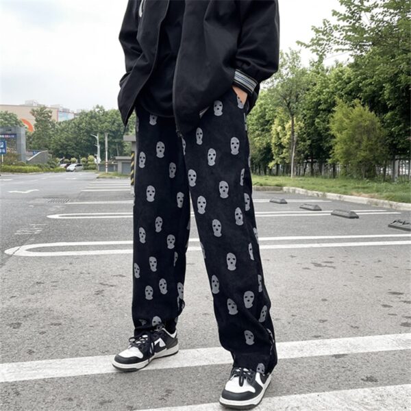 2021 Preppy Style Skull Full Print Drawstring Casual Corduroy Men Baggy Pants Hip Hop Straight Sweatpants 2