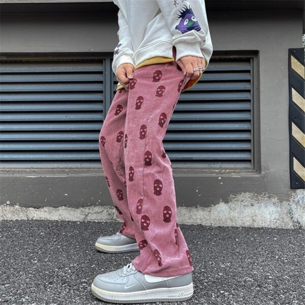 2021 Preppy Style Skull Full Print Drawstring Casual Corduroy Men Baggy Pants Hip Hop Straight Sweatpants 3