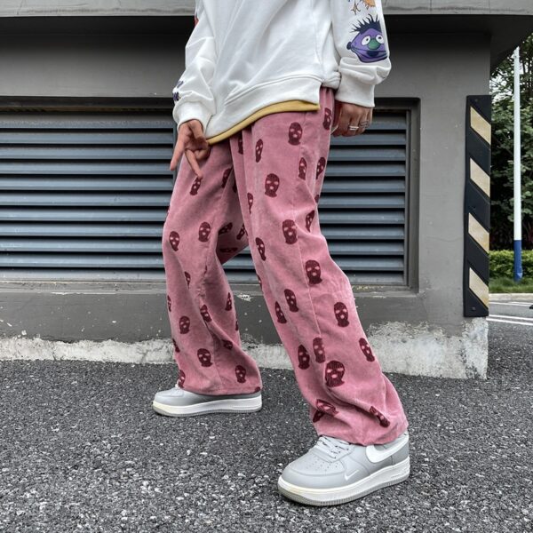 2021 Preppy Style Skull Full Print Drawstring Casual Corduroy Men Baggy Pants Hip Hop Straight Sweatpants 4