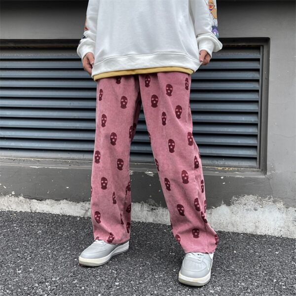 2021 Preppy Style Skull Full Print Drawstring Casual Corduroy Men Baggy Pants Hip Hop Straight Sweatpants 5