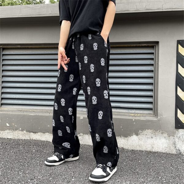 2021 Preppy Style Skull Full Print Drawstring Casual Corduroy Men Baggy Pants Hip Hop Straight Sweatpants