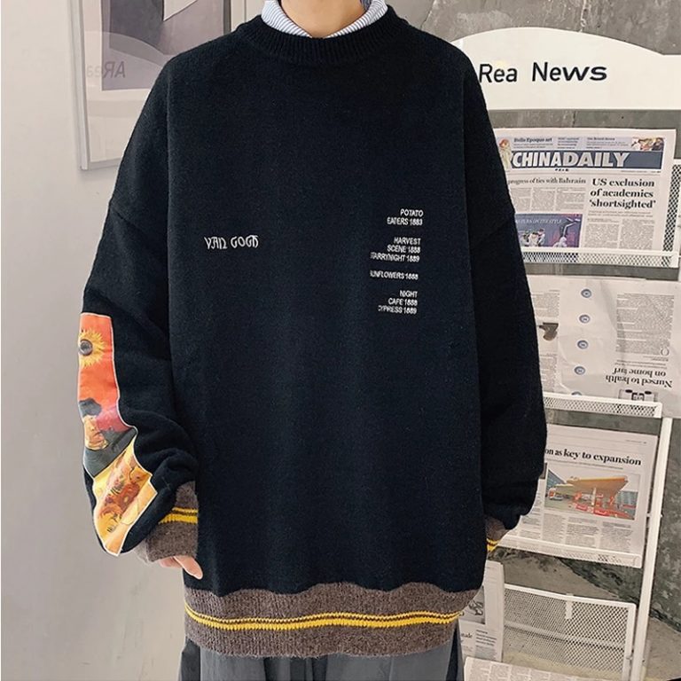 2022 Autumn Cotton Hip Hop Men Sweater Pullover pull homme Van Gogh Painting Embroidery Knitted Sweater 2