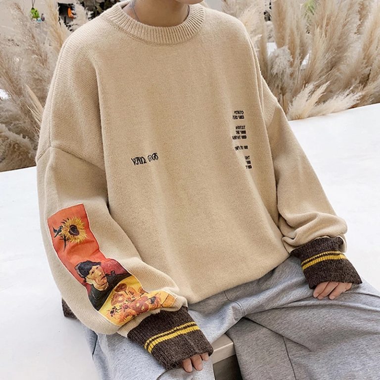 2022 Autumn Cotton Hip Hop Men Sweater Pullover pull homme Van Gogh Painting Embroidery Knitted Sweater