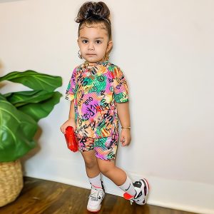 2022 Baby Girl Summer Clothing Sets Short Sleeve Tops Rainbow Color Shorts Kids Casual Clothes Children