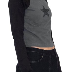 2022 Chic Women Aesthetic Grunge Y2K T shirts 90s Retro Rhinestones Star Patchwork Tops Long Sleeve 1