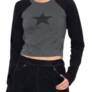 2022 Chic Women Aesthetic Grunge Y2K T shirts 90s Retro Rhinestones Star Patchwork Tops Long Sleeve