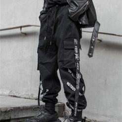 2022 Harajuku Black Hip Hop Men Ribbons Cargo Pants Japanese Emo Alt Trousers Jogging Streetwear Hippie