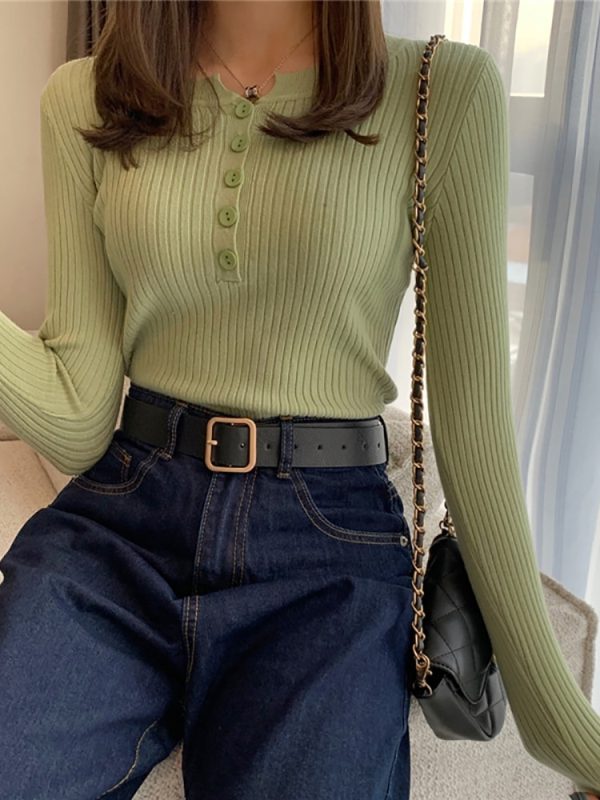 Knitted Women Button Sweater Pullovers spring Autumn Basic Women highneck Sweaters Pullover Slim female High