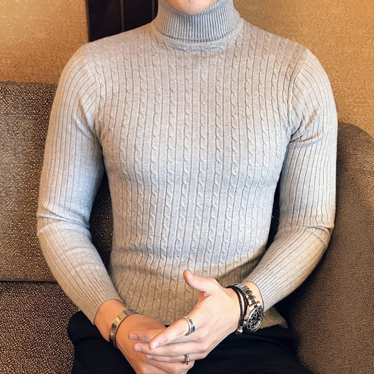2022 Korean Slim Solid Color Turtleneck Sweater Mens Winter Long Sleeve Warm Knit Sweater Classic Solid 1