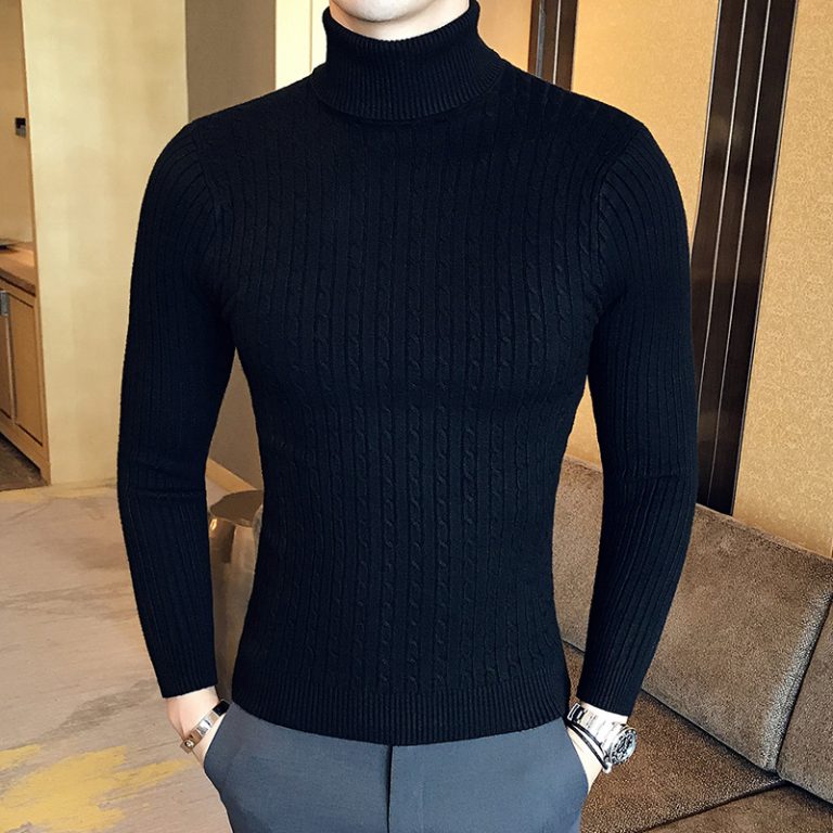 2022 Korean Slim Solid Color Turtleneck Sweater Mens Winter Long Sleeve Warm Knit Sweater Classic Solid 2