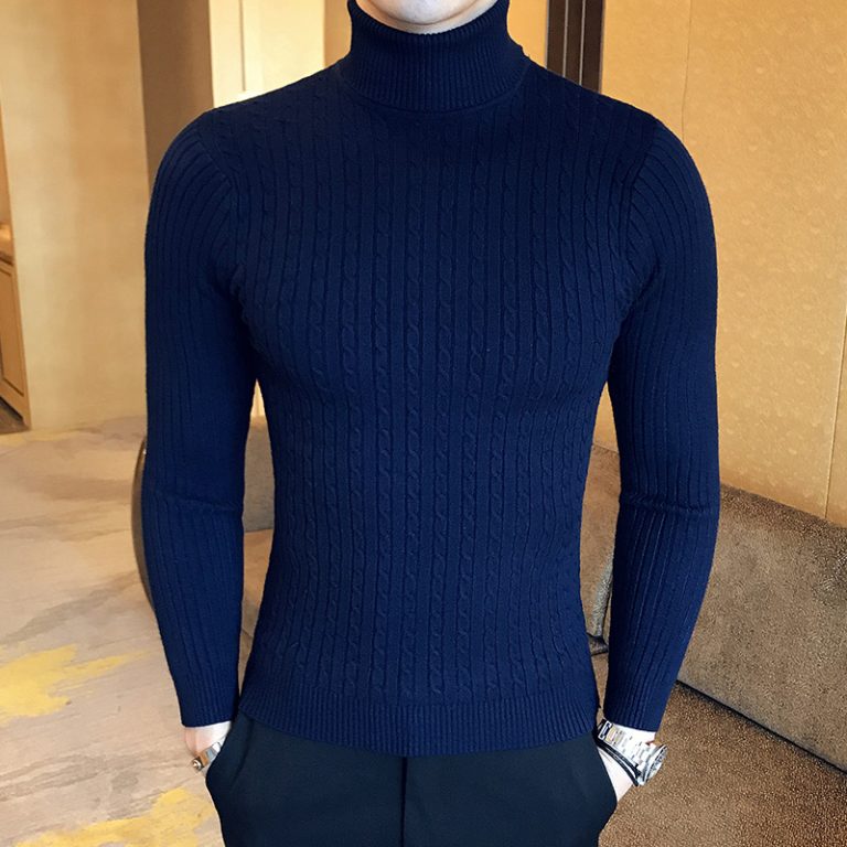 2022 Korean Slim Solid Color Turtleneck Sweater Mens Winter Long Sleeve Warm Knit Sweater Classic Solid 5