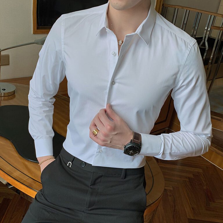 2022 New Fashion Cotton Long Sleeve Shirt Solid Slim Fit Male Social Casual Business White Black