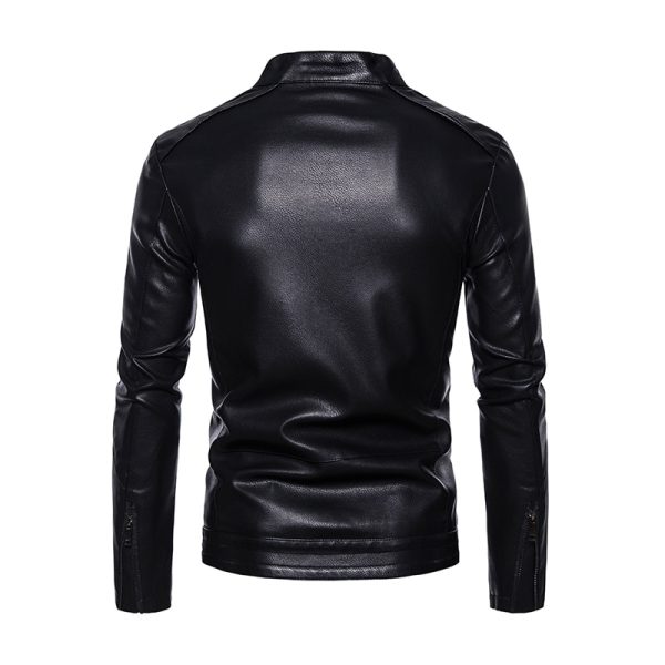 2022 PU Casual Leather Jacket Men Fleece Motorcycle Biker Slim Fit Outerwear Men Solid Stand Collar 1