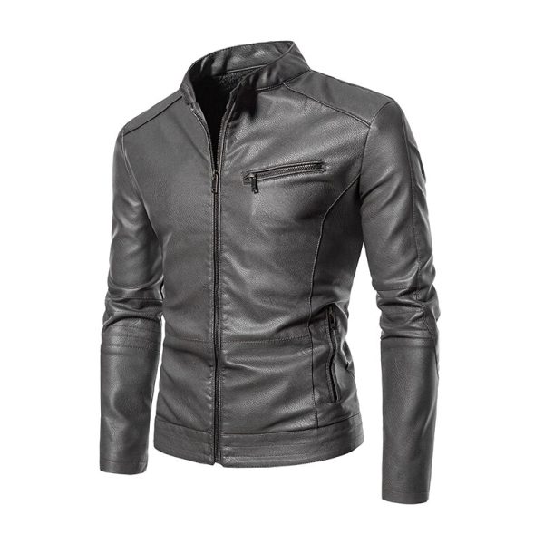 2022 PU Casual Leather Jacket Men Fleece Motorcycle Biker Slim Fit Outerwear Men Solid Stand Collar 2