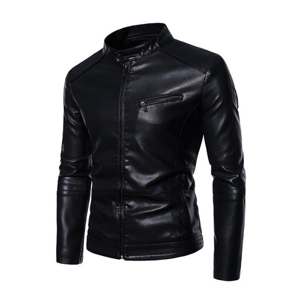 2022 PU Casual Leather Jacket Men Fleece Motorcycle Biker Slim Fit Outerwear Men Solid Stand Collar 3