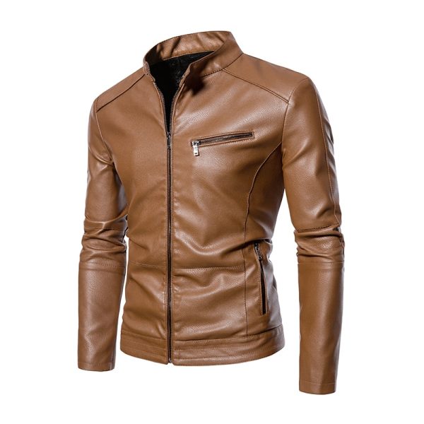 2022 PU Casual Leather Jacket Men Fleece Motorcycle Biker Slim Fit Outerwear Men Solid Stand Collar