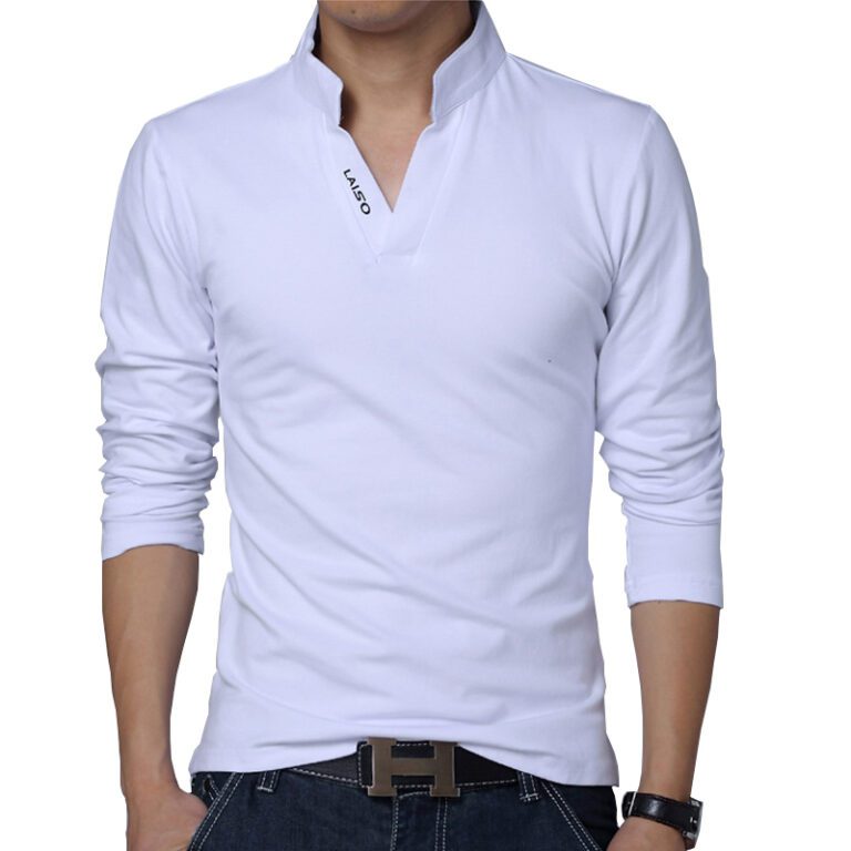 2022 T Shirt Men Spring Cotton T Shirt Men Solid Color Tshirt Mandarin Collar Long Sleeve