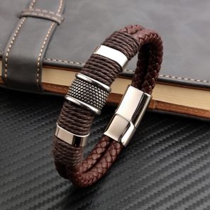 2022 Vintage Multilayer Brown Genuine Leather Men Bracelet Stone Bead Bracelet Stainless Steel Jewelry Male Wrist