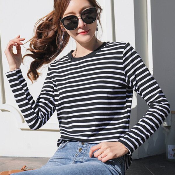 2022 Women s Spring Long Sleeve T Shirt O Neck Striped 95 Cotton Tops Casual T 1