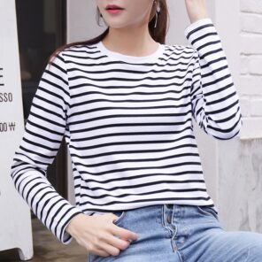 2022 Women s Spring Long Sleeve T Shirt O Neck Striped 95 Cotton Tops Casual T
