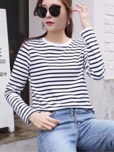 2022 Women s Spring Long Sleeve T Shirt O Neck Striped 95 Cotton Tops Casual T