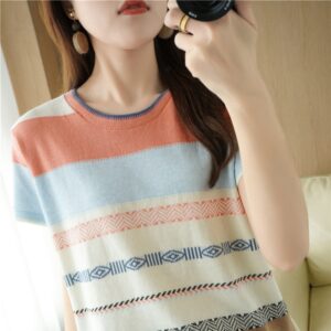 100 cotton T shirt summer new casual knitted sweater short sleeved women s round neck pullover 1