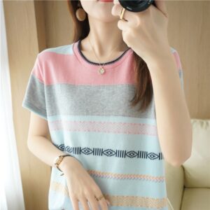 100 cotton T shirt summer new casual knitted sweater short sleeved women s round neck pullover 2