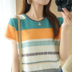 100 cotton T shirt summer new casual knitted sweater short sleeved women s round neck pullover