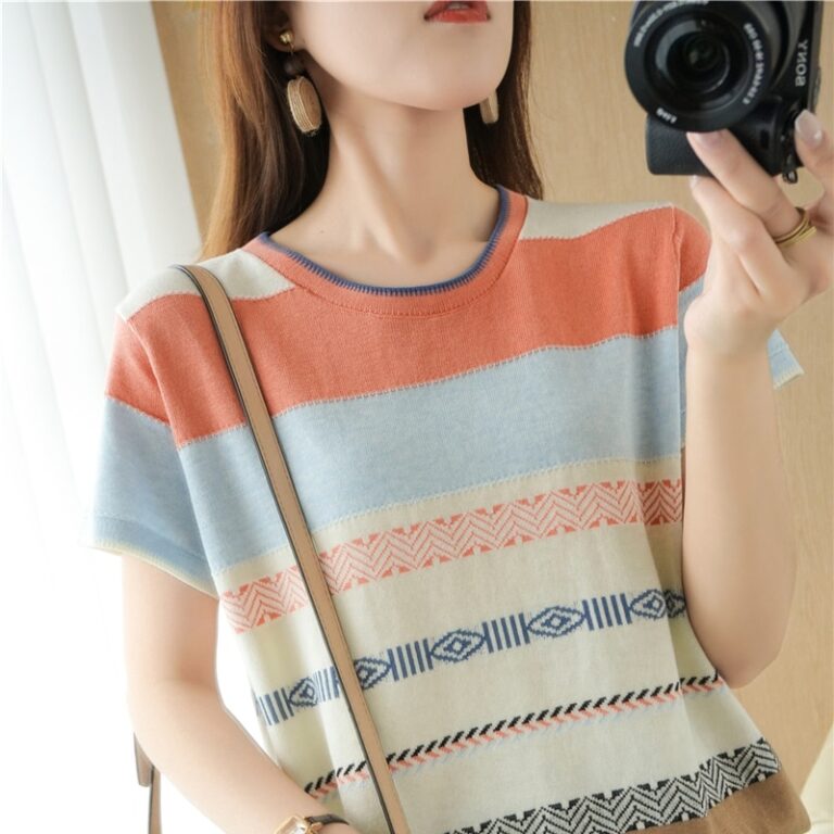 100 cotton T shirt summer new casual knitted sweater short sleeved women s round neck pullover 4