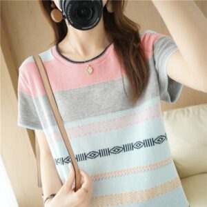100 cotton T shirt summer new casual knitted sweater short sleeved women s round neck pullover 5