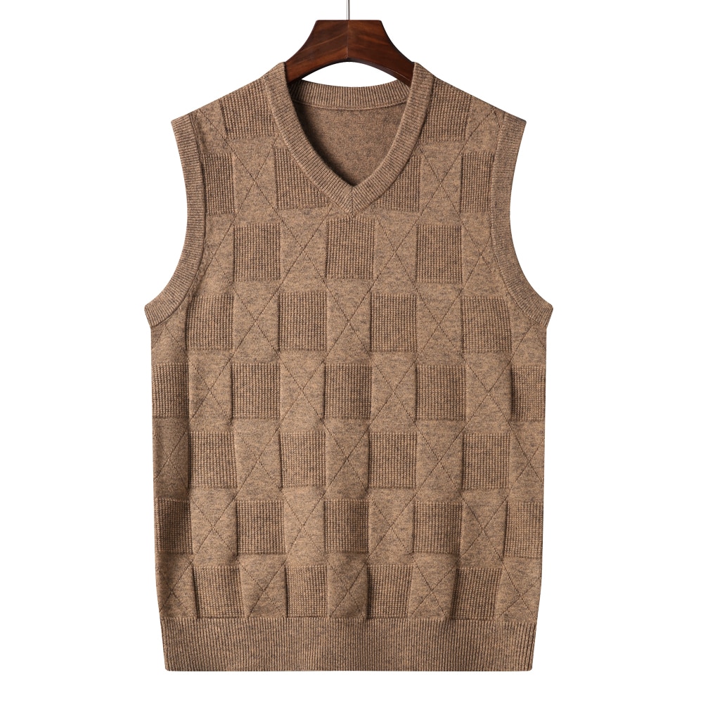 2021 Autumn New Men s Khaki V Neck Knitted Vest Business Casual Classic Style Thick Sleeveless 5