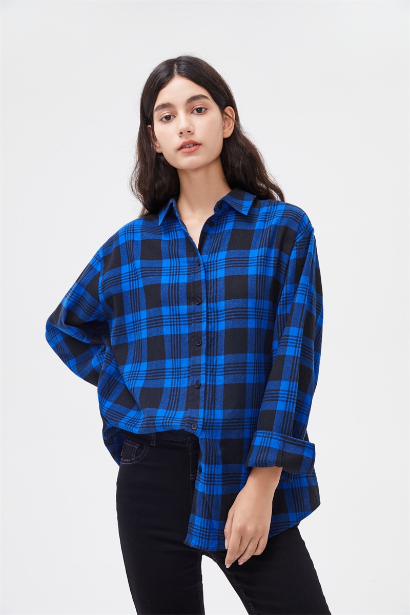 2021 Spring Autumn Tops Women Plaid Shirts Loose Oversize Blouses Casual Flannel Female Top Long Sleeve 4