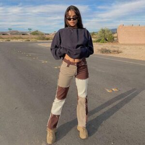 Autumn Brown Women Cowboy Striped Patchwork Jeans Street Casual Hip Hop High Waist Loose Straight Jeans 1