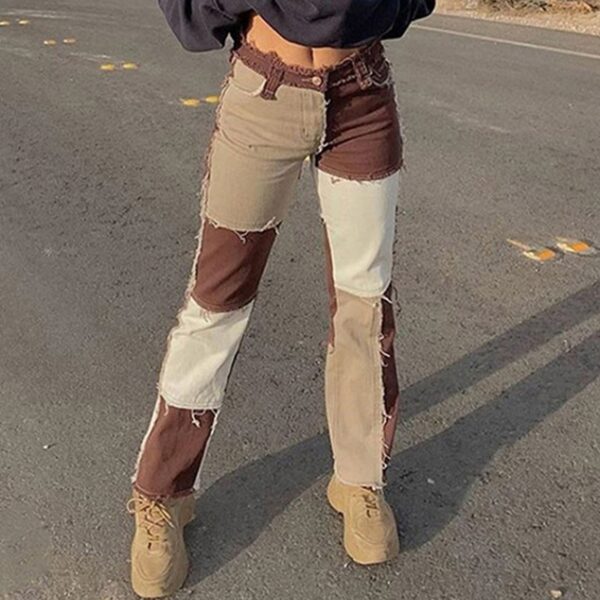 Autumn Brown Women Cowboy Striped Patchwork Jeans Street Casual Hip Hop High Waist Loose Straight Jeans